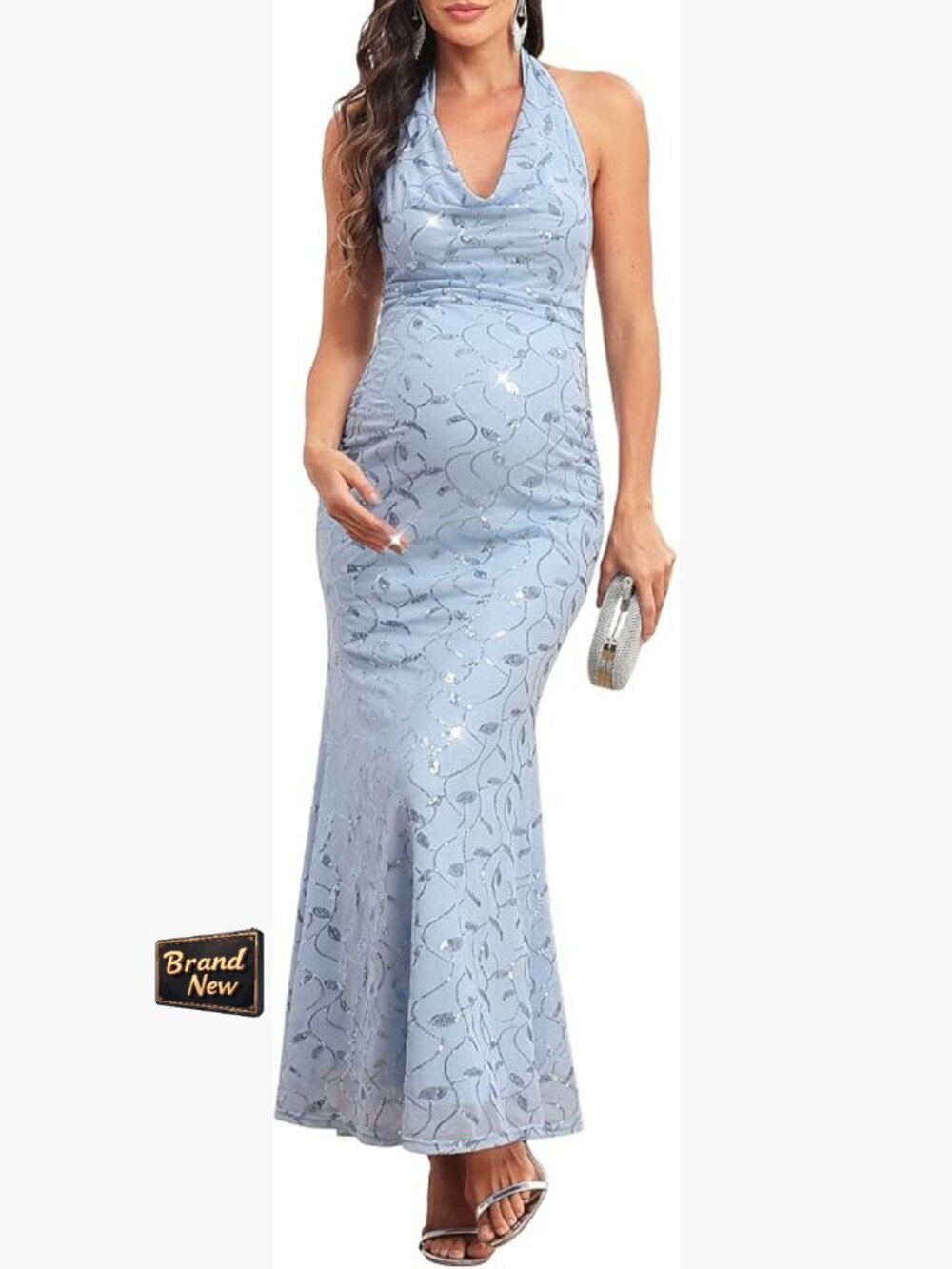 Maternity Halter Sequin Mermaid Dress Sleeveless Ruched Bodycon for Formal Baby